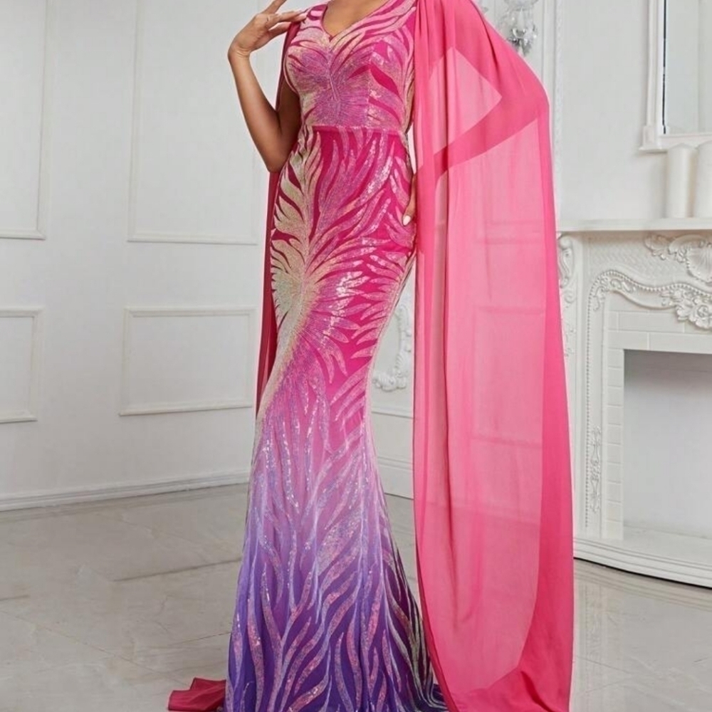 Multicolor Random Print,  Cloak, Sequined, Mesh Mermaid Maxi gown - Picture 6 of 10